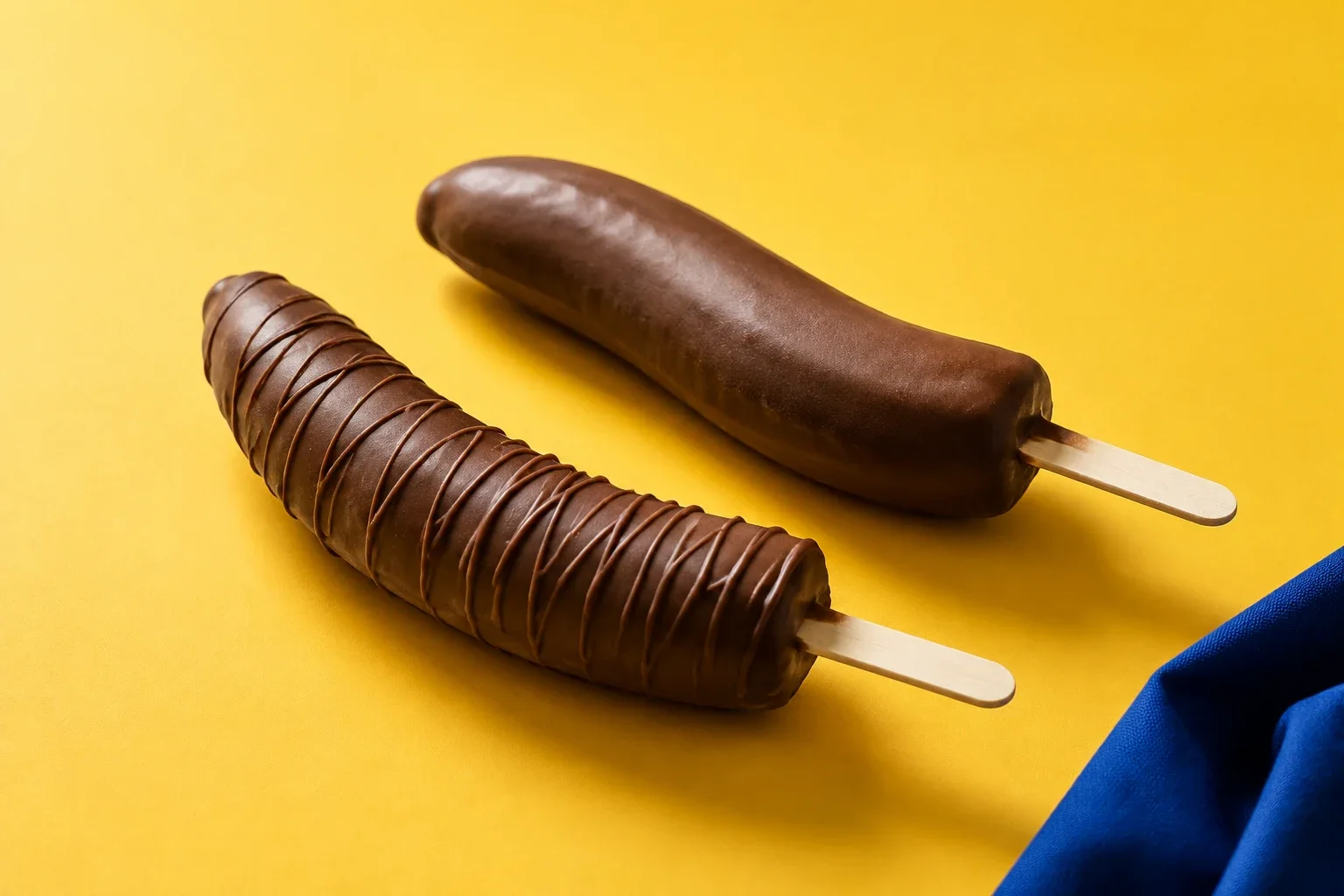 AI-generated concept image of two chocolate-covered banana pops on yellow; not actual Dipped & Twisted products.
