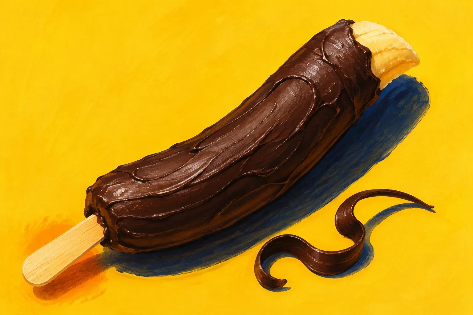 AI-generated painted illustration of a chocolate-coated banana on a stick, with a curled chocolate ribbon against yellow.